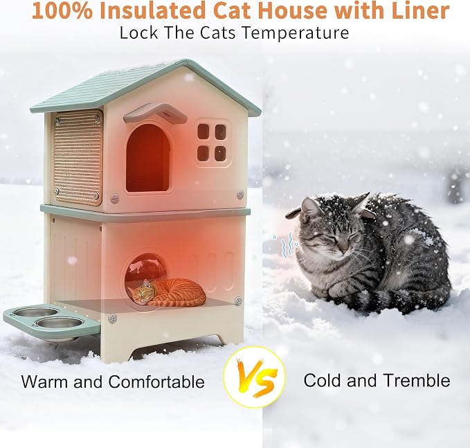 Outdoor Cat House with Liner, 100% Insulated Cat Houses for Winter Outside | 2 Story Waterproof Cat House for Outdoor Cats, Sturdy Cat Bowls & Scratch Pads, Clean Easily