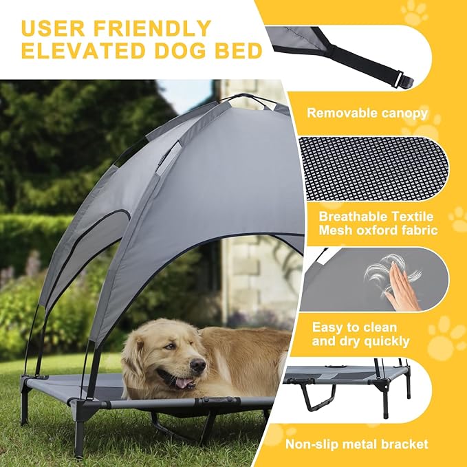 Elevated Dog Bed with Canopy, 48-inch Waterproof Pet Cot, Portable Outdoor Pet Bed with Carry Bag, Indoor/Outdoor Cooling Canopy Dog Tent for Large Dogs (Gray)