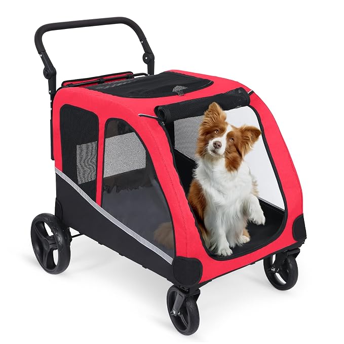 Saudism Dog Stroller for Large & Medium Dogs (up to 160lbs), Pet Stroller for 2 Small Dogs, Extra Large Heavy Duty, Dog Wagon Foldable & Adjustable Handle with Pocket, Red