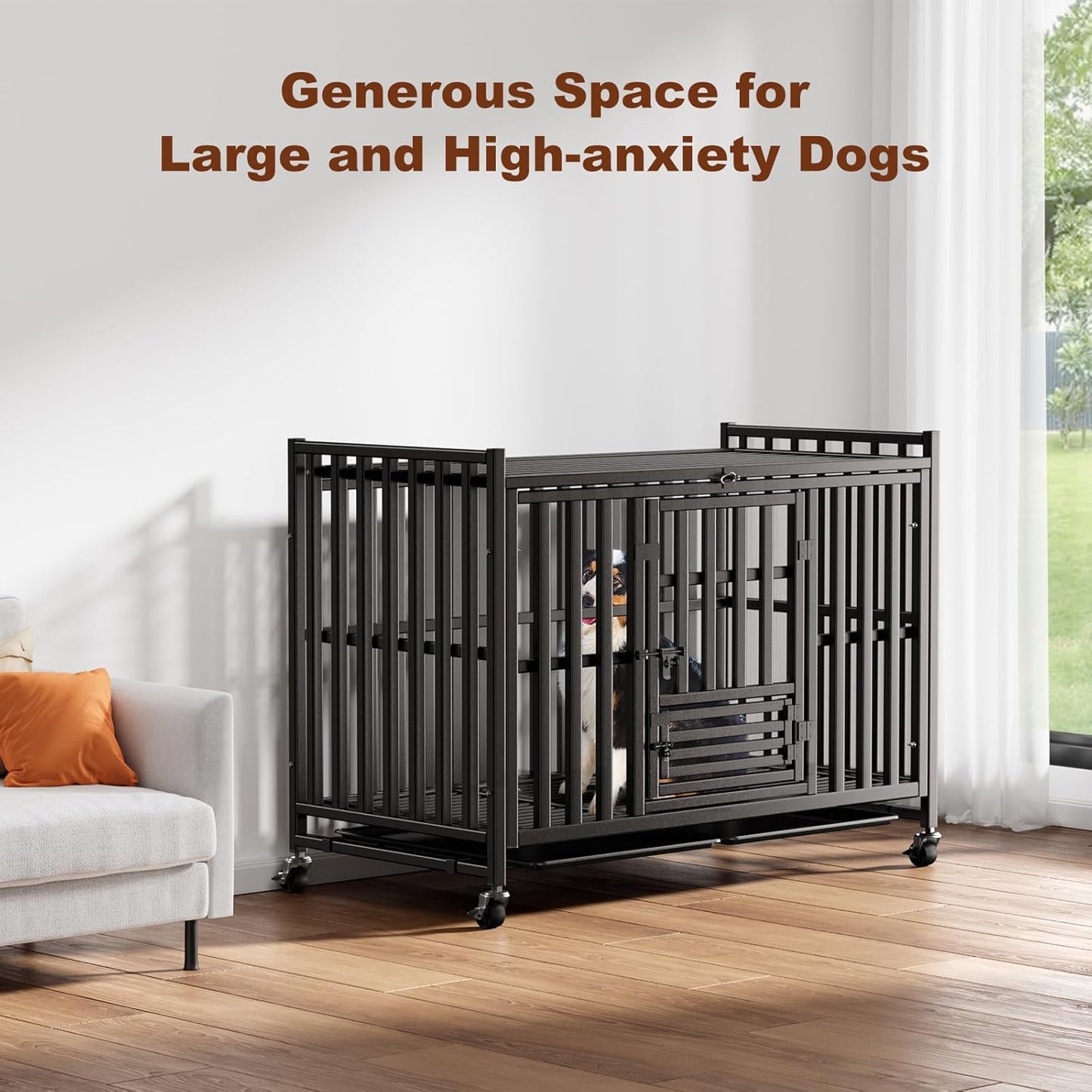 42 inch Heavy Duty Dog Crate, Upgraded Thickened Steel Frame Indestructible Kennel for Large & High Anxiety Dogs, Escape Proof Design with 3 Doors, 4 Lockable Wheels and 2 Removable Trays