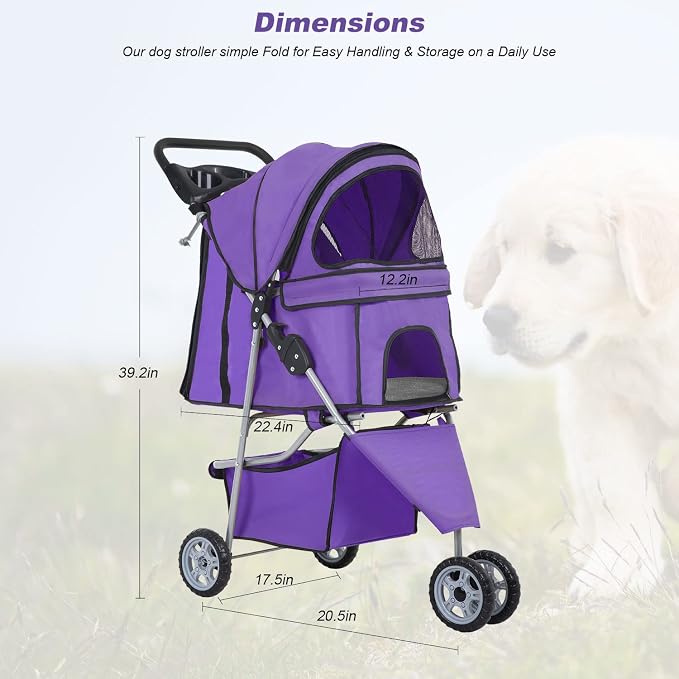 BestPet 3 Wheels Pet Stroller Dog Cat Cage Jogger Stroller Waterproof Puppy Travel Folding Carrier with Cup Holder,Purple