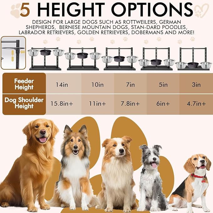 Elevated Dog Bowls Stand for Medium Large Dogs, 5 Adjustable Height Metal Raised Dog Bowl Stand 3 Food Water Bowls and Slow Feeder Bowl with Non-Slip Feet