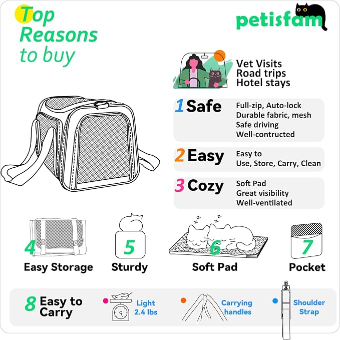 Top Load Cat Carrier for Medium Cats and Small Dogs with Washable Cozy Bed, 3 Doors and Shoulder Strap. Easy to get cat in, Easy Storage, Lightweight, Airline Approved