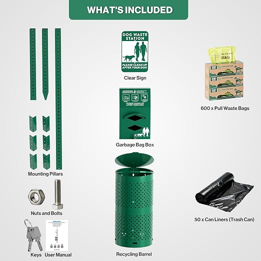 POCHAR Aluminum Dog Waste Station for Pet Parks with Poop Bags & Liner Bags | Rustproof Pet Poop Station Outdoor, Dog Park Equipment with Sign & Lid - Pet Poop Disposal System for Backyard