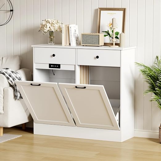 CABIHOME Double Tilt-Out Trash Cabinet with Drawers & Deodorizer | 20 gal farmhouse wooden dual bin trash and recycling cabinet. Dog proof hidden waste station for kitchen or laundry.