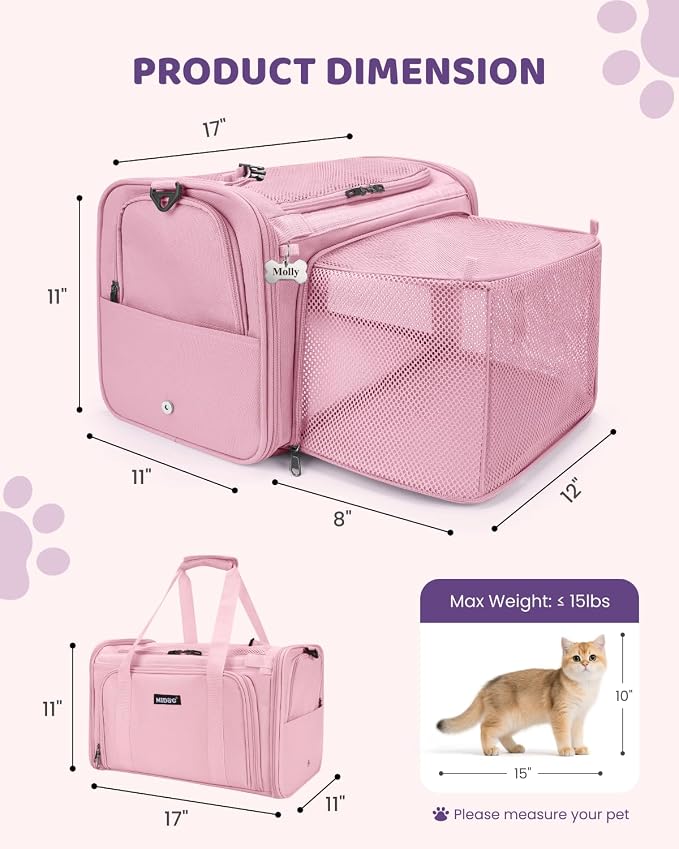 MIDOG Cat Carrier Soft for Small-Medium Cats Up to 15lbs, Airline Approved | Expandable Square Design,Comfort & Breathable Window,Equipped with anti-slip lock zippers and an internal safety leash
