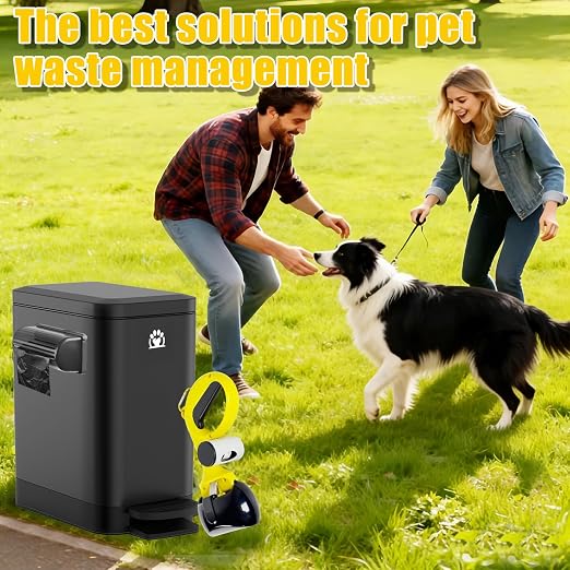 Dog Poop Trash Can Outside,3Gal Metal Outdoor Trash Can,Outdoor Dog Poop Trash Can with Lid for Odor Control - Includes Poop Scooper for Dogs & Bin Bag Holder (Black)