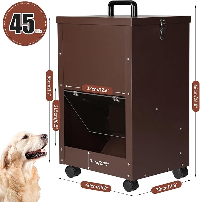 45Lbs Automatic Dog Feeder Large Breed, Easy to Move with Wheels | Large Capacity Outdoor Gravity Dog Feeder, Galvanized Metal Self Feeding Dog Food Dispenser with Clear Door