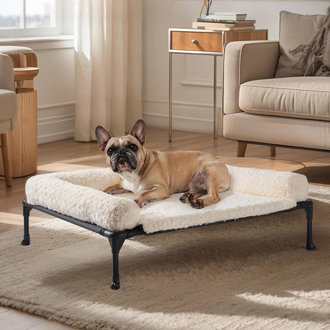 Veehoo Orthopedic Elevated Dog Bed Add Removable Deluxe Rose Plush Bolster Cushion Mat, 35" x 22" Washable Dog Couch Bed, Raised Pet Cot with Breathable Teslin Mesh, No-Slip Feet, White, CWC2439B