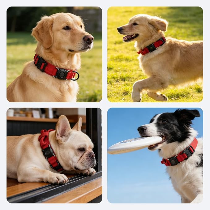 AirTag Dog Collar for Large Dogs Tactical Dog Collar with AirTag Holder | Upgrade Waterproof,Control Handle,Quick-Release Metal Buckle,1000D Nylon Fabric,Soft-Padded Webbing,Velcro Patch(RED,L)