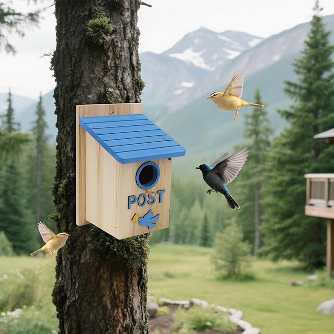 Wooden Bird Houses Bird House for Outside, Blue Wood Mailbox Bird House for Outdoors, Entrance Hole Bird House for Garden Blue Bird Hummingbird Wren Cardinal Swallow Sparrow Finch