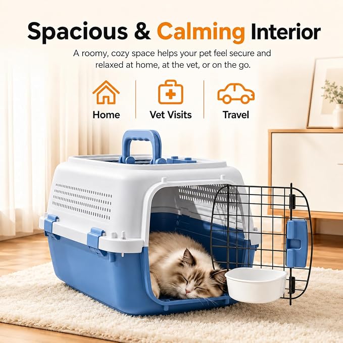 23" Airline Approved Cat Carrier Hard Shell, Dual-Entry Pet Carrier with Top & Front Doors, Detachable Food Bowl & Secure Lock, Breathable Dog Carrier for Cats & Small Dogs Up to 22 lbs - Blue