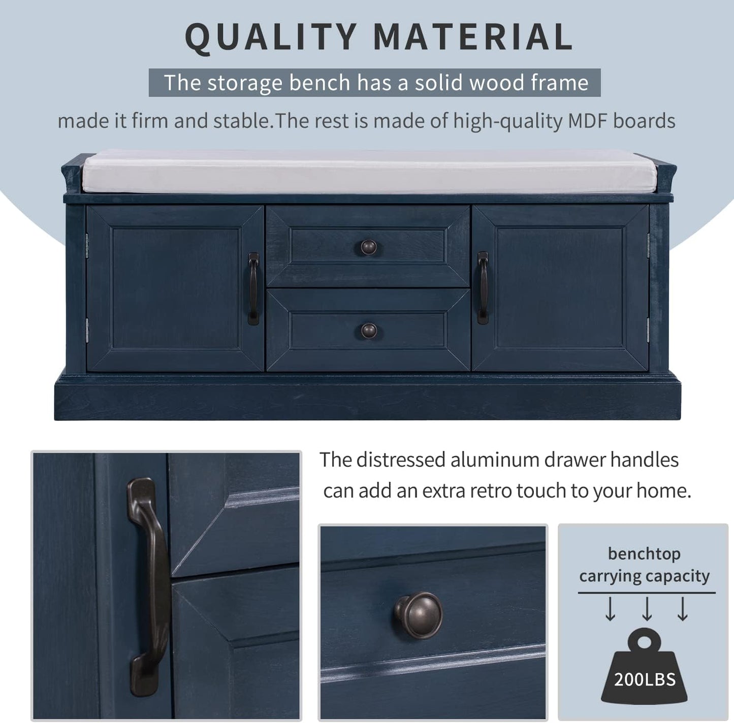 Storage Bench with 2 Drawers and 2 Cabinets, Pine Wood Shoe Bench with Removable Cushion for Living Room, Entryway 42.5" L x 15.9" W x 17.5" H (Antique Navy)