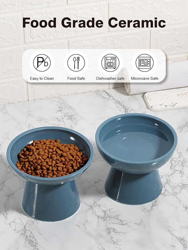 LoeJan Elevated Cat Food and Water Bowls Set, Extra Wide and Raised Ceramic Feeder, Anti-Vomit Whisker-Free Pressure Feeding Bowl for Kittens Adult Small Dogs (Deep Blue, Food Bowl)