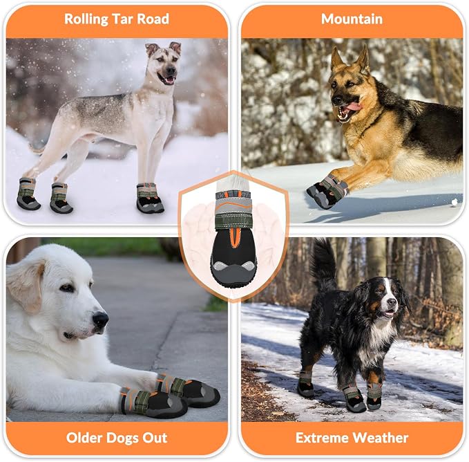 SlowTon Dog Shoes for Large Small Medium Dogs - Waterproof Dog Boots for Summer Hot Pavement, Paw Protector for Outdoor Walking Winter Snow, Anti-Slip Rubber Dog Booties for Hardwood Floor (Black, 4)