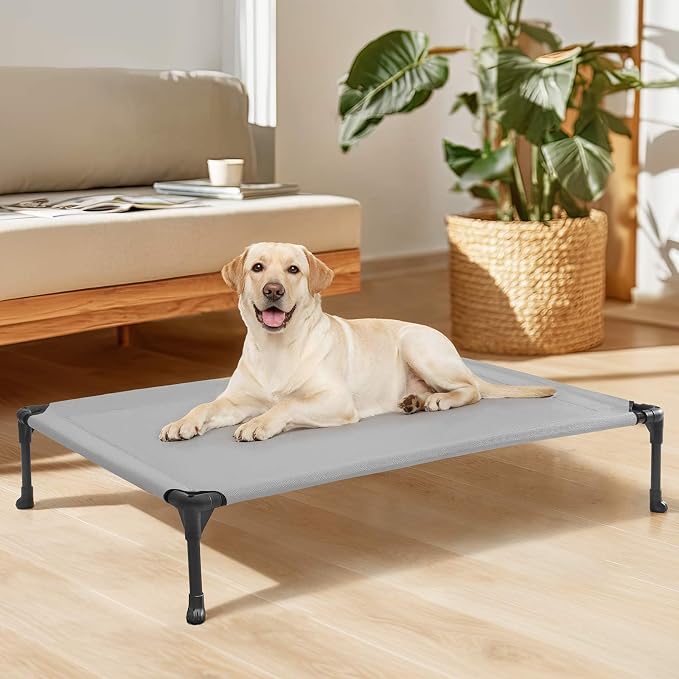 Veehoo Outdoor Elevated Dog Bed Large Sized Dogs, Cooling Raised Dog Cots | Off-ground training platform, portable camping hammock, breathable mesh, easy to clean, no-tool setup, 42"x30", Gray