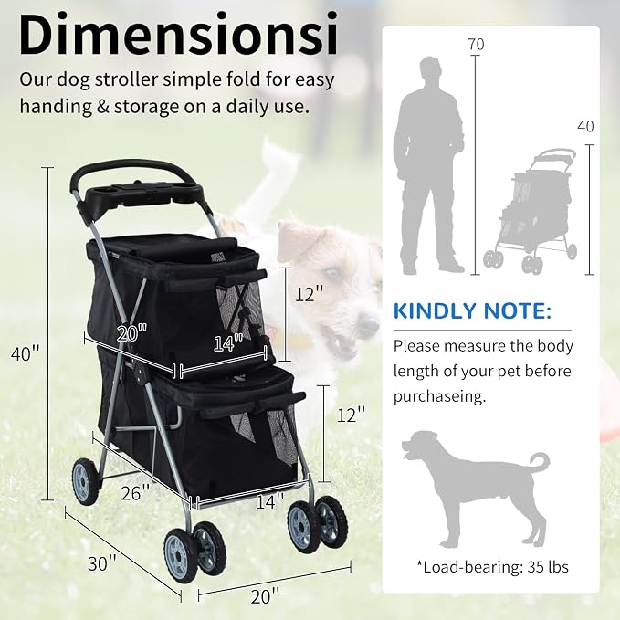 Dog Stroller 4 Wheels Cat Strollers Double Layer Pet Strollers Pet Carriers Jogger Stroller for Medium Dogs Cats Travel Camping Strolling Cart with Cup Holder Removable Liner, Black
