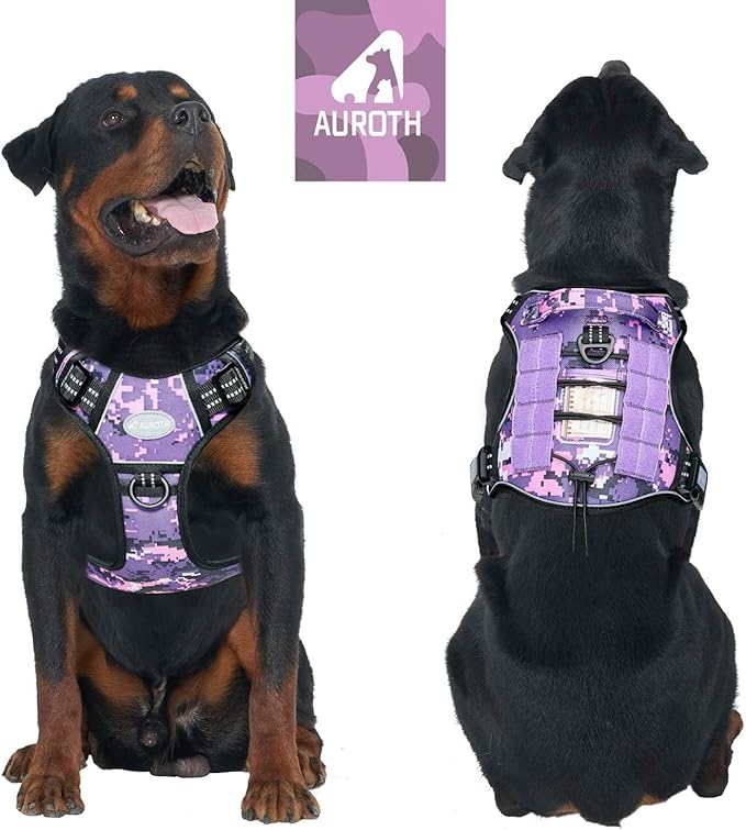 AUROTH Tactical Dog Harness for Large Dogs No Pull Adjustable Pet Harness Reflective Working Training Easy Control Pet Vest Military Service Dog Harnesses Purple Camo XXL