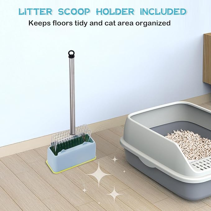 PETOCAT Metal Cat Litter Scoop with Holder Stainless Steel Kitten Poop Scooper, 17.5" Heavy Duty Pet Poop Sifter for Cat Box, Long Handle Large Waste Shovel, Fast Sifting Big Clumps, Solid & Durable