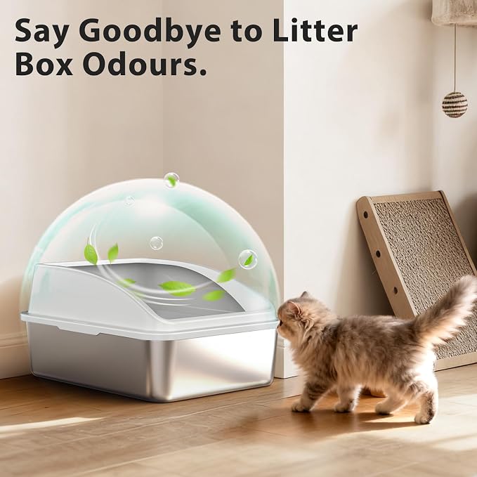 Stainless Steel Litter Box | Metal Kitty Litter Box with Lid High Sided for Small Cats or Injured Cats, Bunny Litter Boxes, Low Entry, Odor-Free, Non-Stick,Includes Scoop