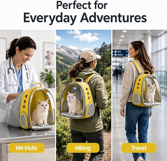 Cat Backpack Carrier Back Expandable Bubble Pet Carrier Backpack for Large Cat, Kitten and Dog, Designed for Hiking, Travelling and Outdoor Use (Back Expandable-Yellow)