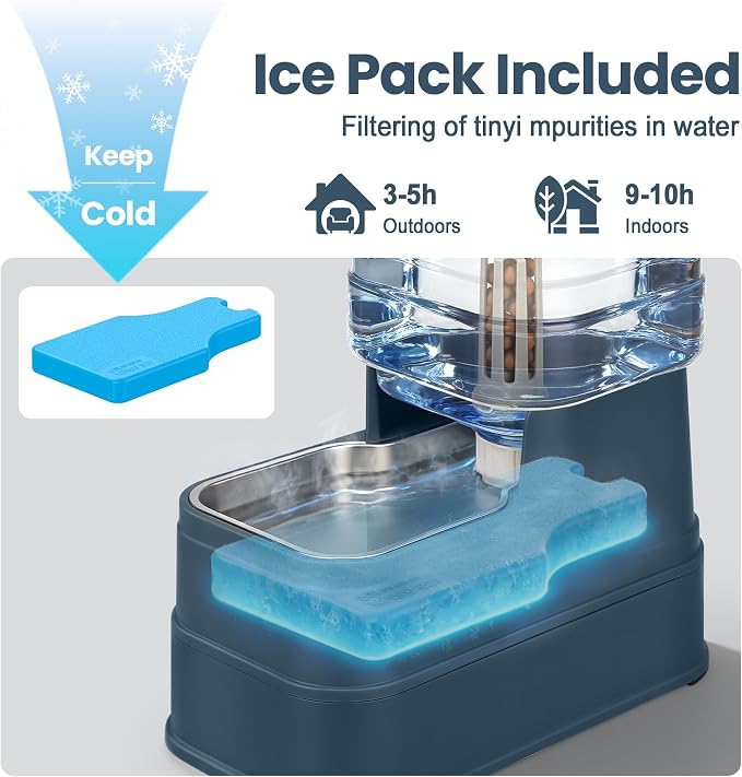 Automatic Dog Water Dispenser Gravity Stainless Steel Water Feeder Cat Waterer Feeder with Wide Mouth Bowl for Small Medium Dog Puppy Kitten (Filter &Ice Pack Included) 2.2Gallon Navy