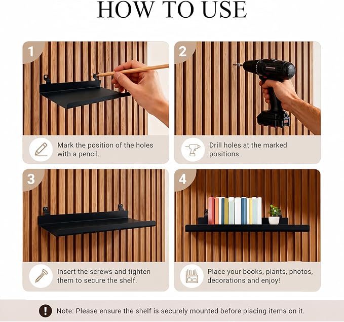 Floating Shelves for Wood Wall Panels,Metal Shelf for Storage Display,2pk | 8x4 Inch and 12x4.8 Inch,Black,Shelf Accessories,Wall Shelves Holder