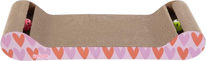 Rini 23.75" Modern Corrugated Cardboard Lounge Bed with Built-in Bell Toys and Catnip, Ergonomic Curved Sofa Scratcher for Indoor Cats, Pink/Red, (Set of 2) CSR1003D-SET2