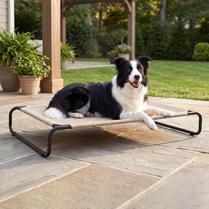 Veehoo Cooling Elevated Dog Bed, Outdoor Raised Dog Bed for Large Dogs | Dog Cot with Thickened Frame, Durable Teslin Mesh & Anti-Slip Rubber Feet, Pet Hammock for Indoor or Camping, 41", Beige