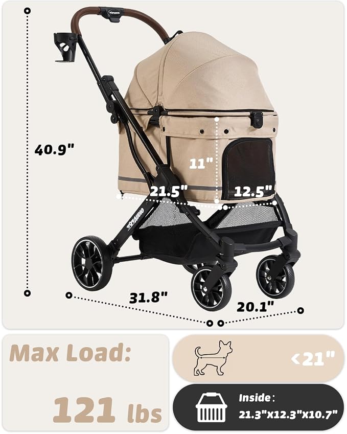 797Audio Dog Stroller for Small Medium Dogs,Pet Stroller for Cats Puppy Up to 121lbs,Foldable,One Click Folding,4 Wheel Shock Absorption,Adjustable Canopy with Sun Shades,Removable Washable Pad(Cream)