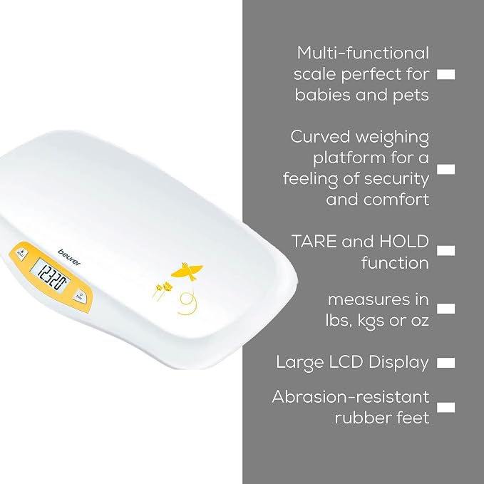 Beurer BY80 Digital Baby Scale, Infant Scale for Weighing in Pounds, Ounces, or Kilograms up to 44 lbs with Hold Function, Pet Scale for Cats and Dogs Analysis