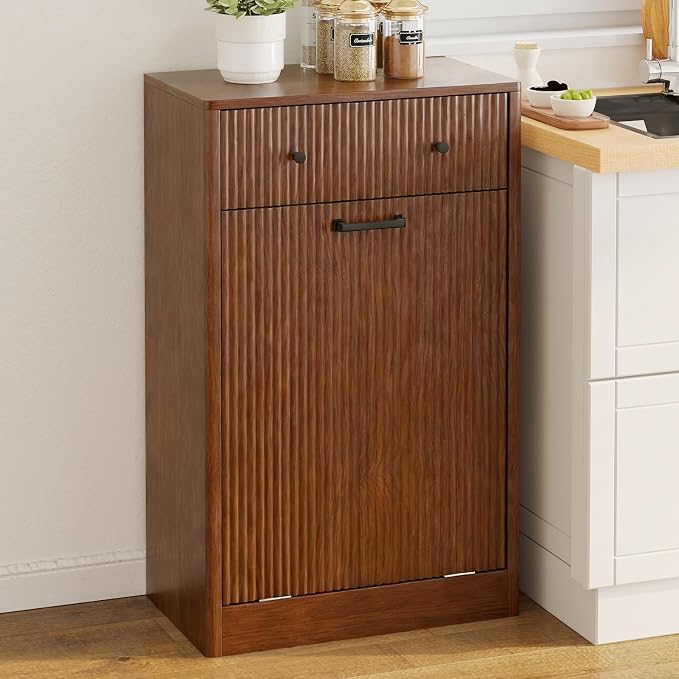 10-Gallon Single Tilt Out Trash Can Cabinet with Drawer,Kitchen Trash Can Cabinet Garbage Recycling Cabinet Wooden Dog-Proof Trash Cabinet for Dining Room and Kitchen,Laundry Room