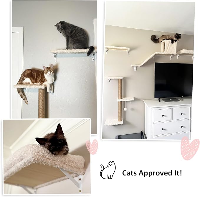FUKUMARU Cat Wall Shelves, Stable & Safe 7 in 1 Cat Furniture Set, Wooden Climbing Wall with Scratching Post for 16 Inch Drywall - Beige