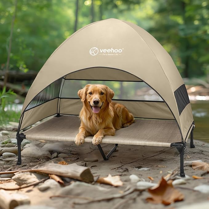Veehoo Outdoor Dog Bed with Canopy, Cooling Elevated Dog Shade for Outside | Portable Raised Dog Cot with Removable Shade, Sun Protection Dog Tent Outdoor for Camping, Beach, 49" x 42.5", Beige Coffee