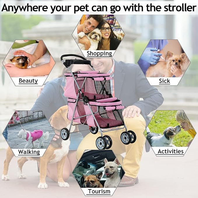 Double Pet Stroller for Small Medium Dogs, 4 Wheels Folding Travel Carrier Cage with Cup Holder for 2 Doggie Puppy Or Two Kitty, Pink