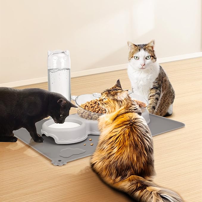 Triple Cat Bowls for Food and Water, YECERCAN Plastic Raised Cat Bowls with Automatic Water Bottle & Waterproof Mat for Cats/Small Dogs, 3 in 1 Pet Feeder for Wet/Dry Food