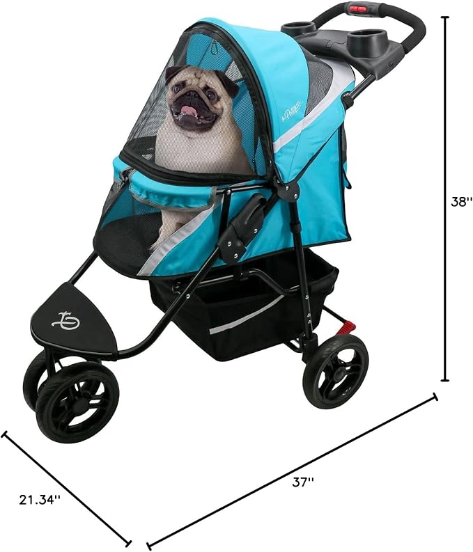 Petique Revolutionary Durable Pet Stroller, Easy Fold, Quality mesh Windows, Large Storage Basket, Secure Cup Holder Tray, Small/Medium Dogs, Cats and Pets, Supports up to 55LBS - Venus (Teal)