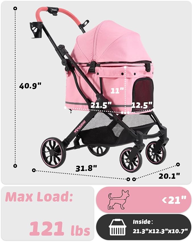 797Audio Dog Stroller for Small Medium Dogs, Pink Pet Stroller for Cats Puppy Up to 121lbs, Foldable,One Click Folding,4 Wheel Shock Absorption,Adjustable Canopy with Sun Shades,Removable Washable Pad