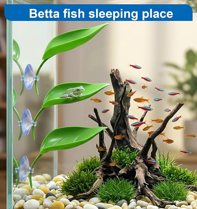 African Dwarf Frog Tank Accessories, 3PCS Tree Frog Terrarium Accessories Leaf-Shaped Frogs Habitat Decor with Suction Cup, Basking Platform for Climbing and Resting