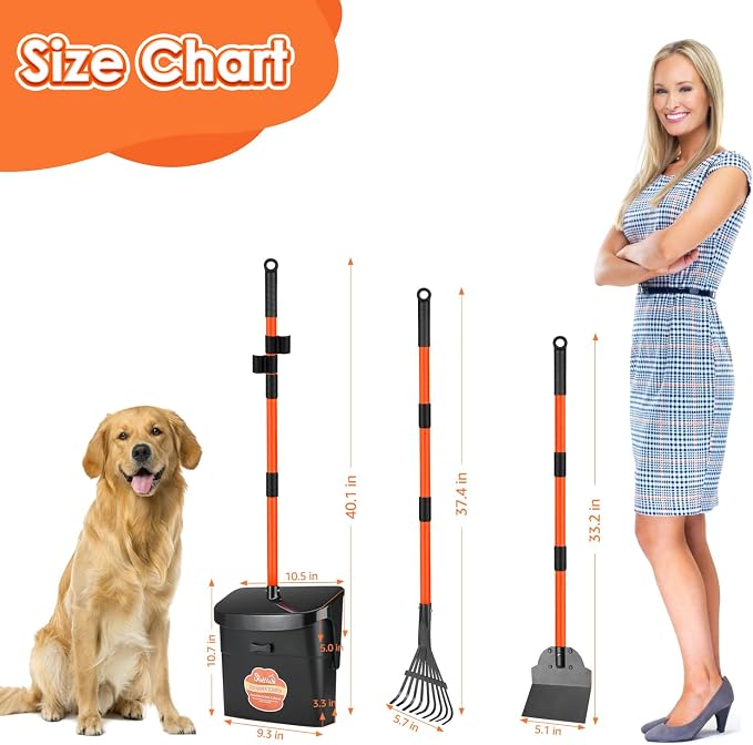 SlowTon Dog Pooper Scooper - 37.4" Long Metal Handle Adjustable Rake & Spade & Swivel Bin with 10 Waste Bags, Portable Pooper Scooper for Gravel Lawn Grass, Suit for Small Medium Large Dog