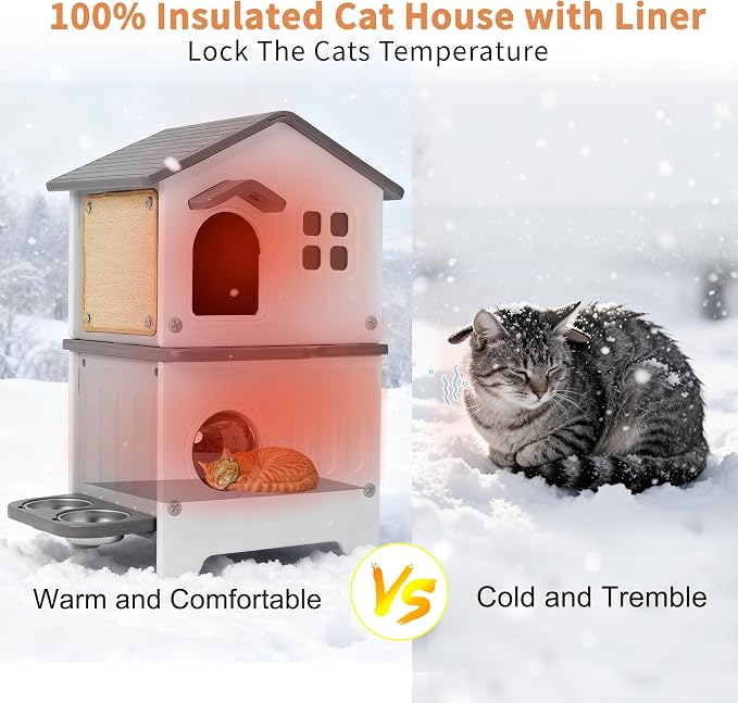 Outdoor Cat House with Liner, 100% Insulated Cat Houses for Winter Outside | 2 Story Waterproof Cat House for Outdoor Cats, Sturdy Cat Bowls & Scratch Pads, Clean Easily