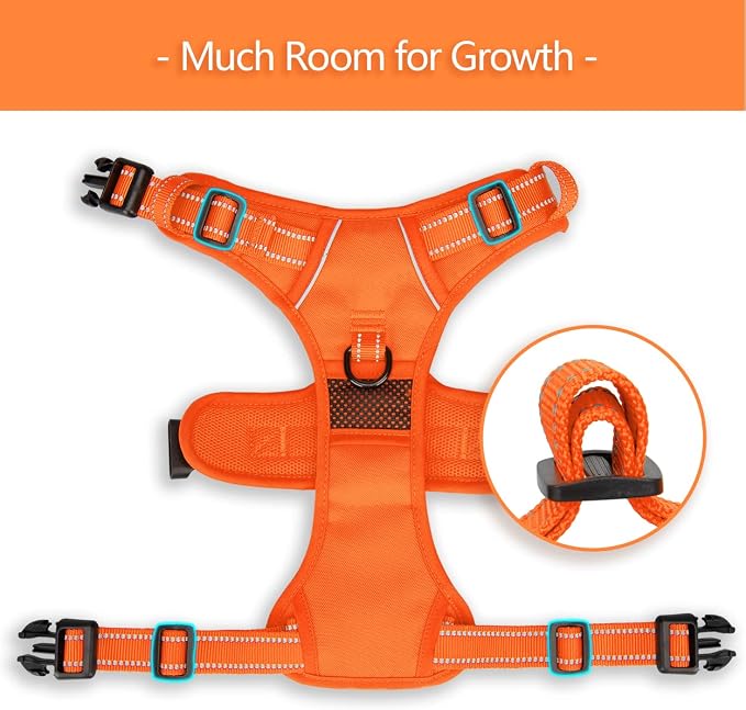 PoyPet No Pull Dog Harness, Reflective Vest with 2 Leash Clips & Handle | Lockable Neck Release Buckle, No Choke, Adjustable, Soft Padded, for Walking Training, Orange Matching Trim, Large