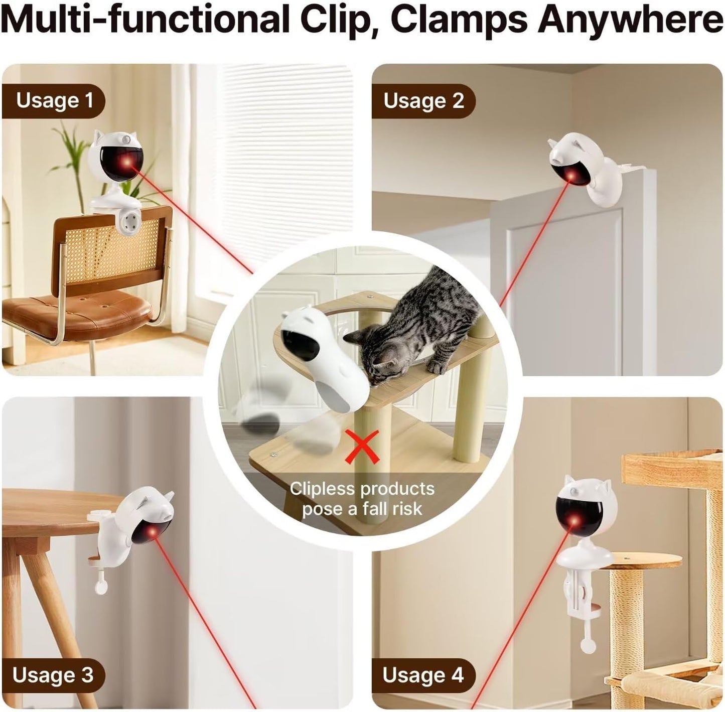 Potaroma Smart Sensor Cat Laser Toys Interactive, Motion Activated Truly Random Trjajectory, Clamp Design, Automatic Chargeable Kitten Toy Indoor Exercise, Cream White