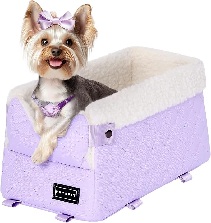 PETSFIT Cat Car Seat with Dual Adjustable Seat-Rail Anchor Hooks | Anti-Collapse Leather Dog Console Car Seat with Safety Tether, Washable Cushion, Soft Pillow for Pets Under 8 lbs, Purple