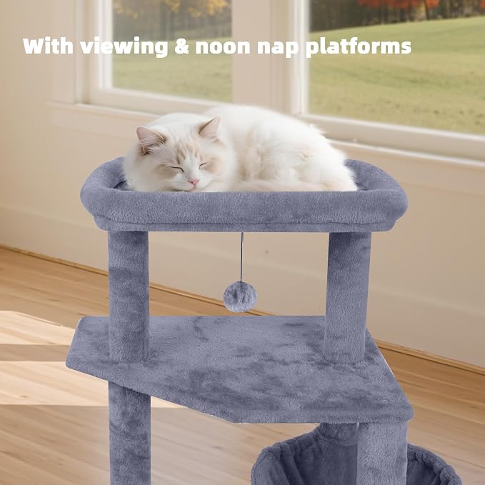 TWDEPART 55" All-in-One Cat Tree Tower with Scratching Board & Posts Cozy Sleeping Perch Hammock and Toy Balls,Grey