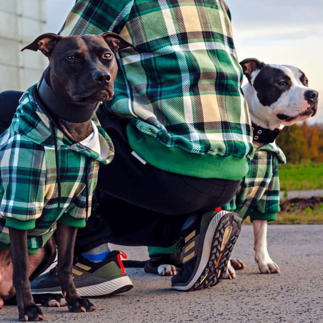 Spark Paws Dog Hoodie – Premium Dog Sweater for Small, Medium, and Large Dogs | Warm Outfits for French Bulldogs, Pitbull, Puppy, Winter Jacket Alternative - Green Plaid - 3XL