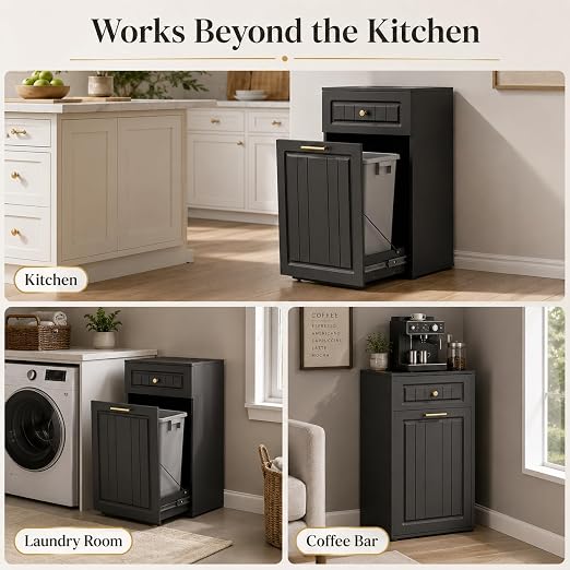 13 Gallon Pull Out Trash Can Cabinet with Drawer | Hidden Wooden Garbage Cabinet for Kitchen, Freestanding Modern Farmhouse Waste Bin Holder, Black