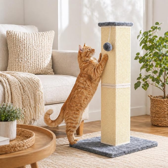 Cat Scratching Post for Large Indoor Cats & Kittens, Cat Scratcher with Extra Large Stable Base and Natural Sisal, Sturdy Cat Scratch Post to Protect Furniture & Couch, Grey, 32 Inch