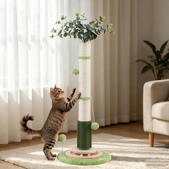 45'' Extra Tall Cat Scratching Post for Large,3.5Inch Natural Sisal Scratcher Tree with Solid Wood Base,Stable Scratch Tower with Interactive Toy,Self Groomer,Climbing Pole for Full Body Stretching