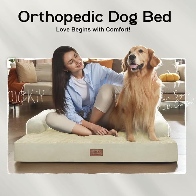 Orthopedic Waterproof Dog Bed with Bolster for Extra Large Size Dogs | Pillow Support for Neck Relief, Egg Crate Foam, Waterproof Liner, Anti-Slip Bottom, Removable Bolster Cover, 48 x 33 Inch